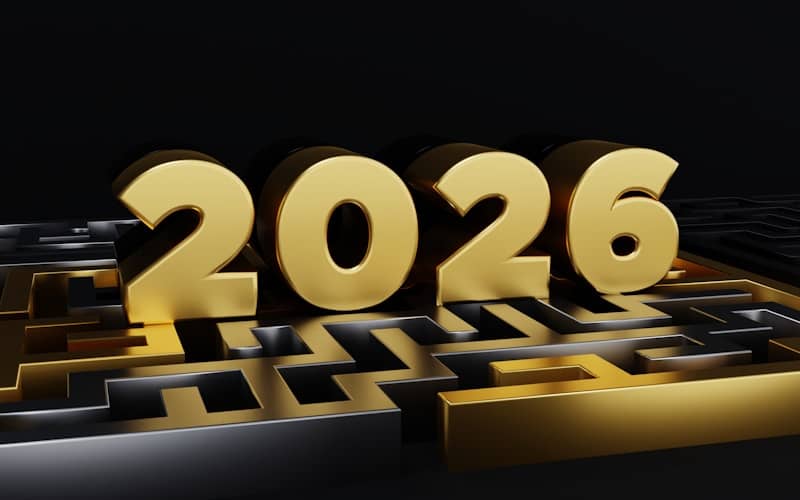 Golden 2026 numerals on a maze-like surface
