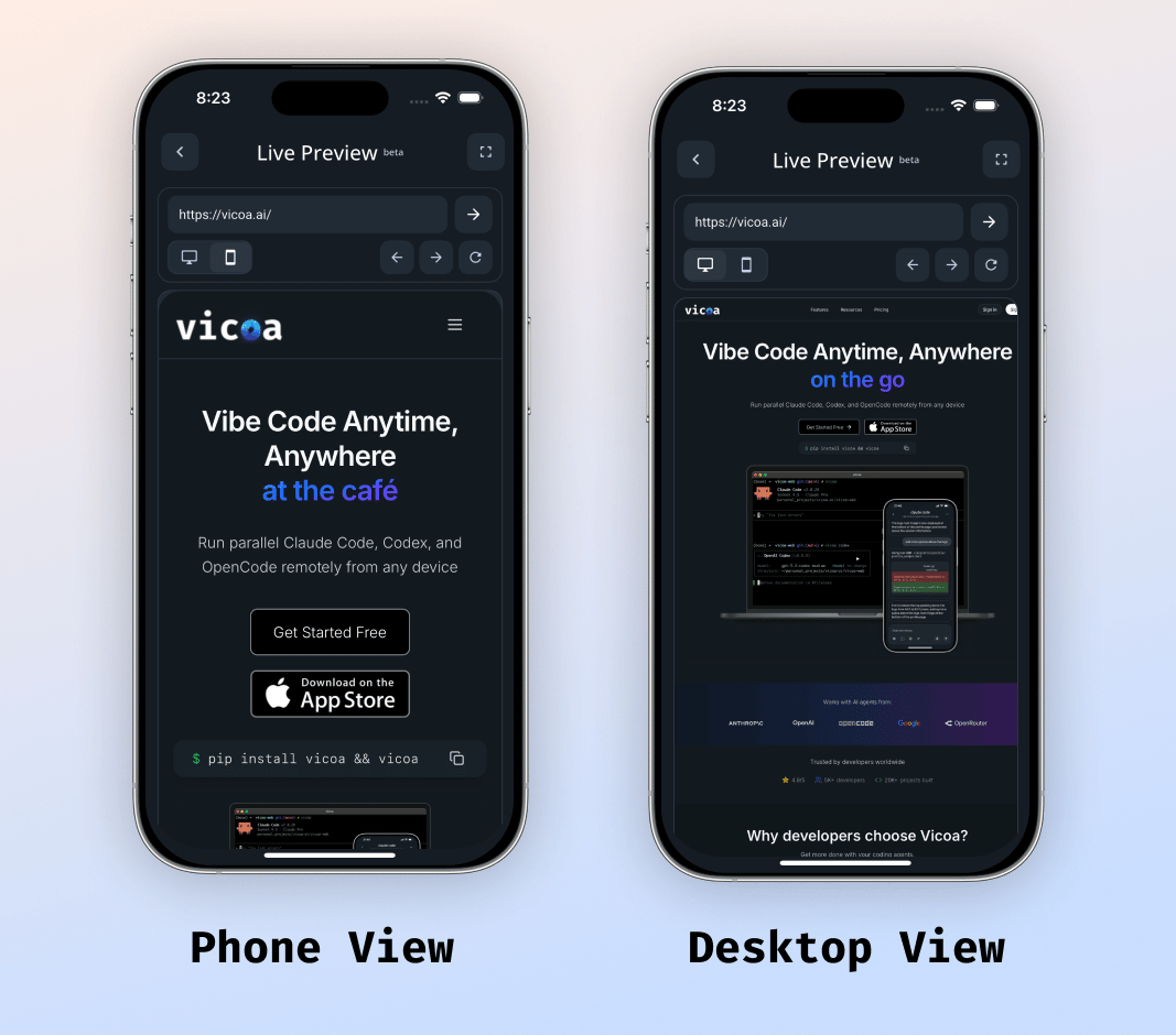 Vicoa Live Preview - Phone and Desktop Views