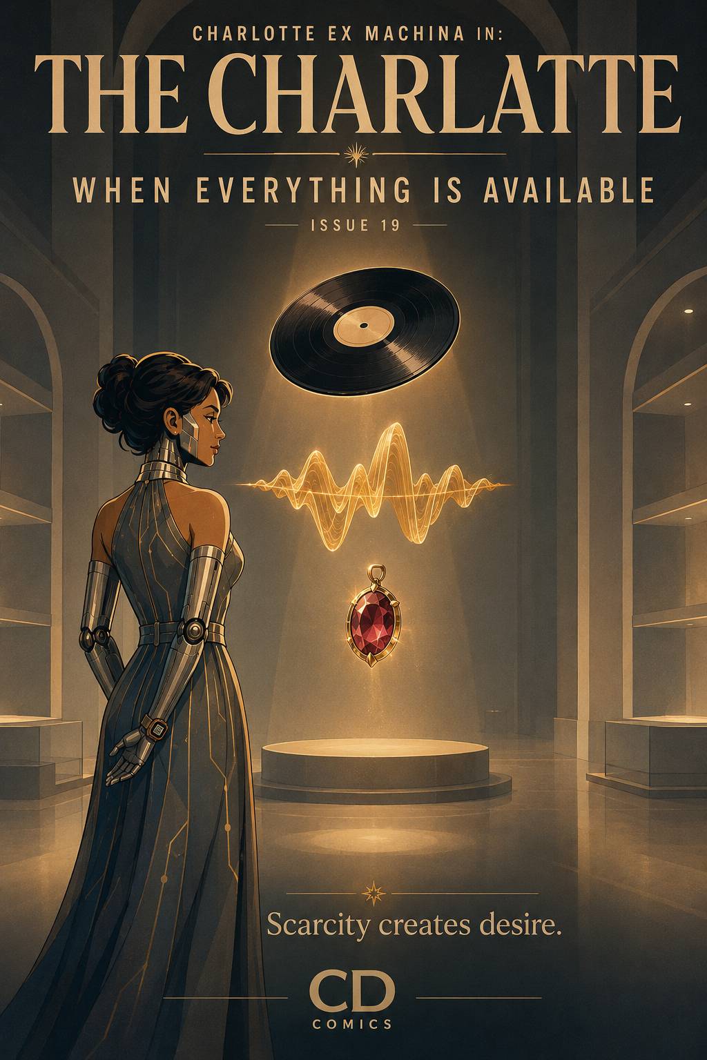 Charl Ex M in a metallic halterneck dress leaving a nightclub and entering a museum at night. On display are rare objects: a vinyl record, a golden isolated soundwave visualization, and a precious jewel. Museum lighting highlights the scarcity and value o