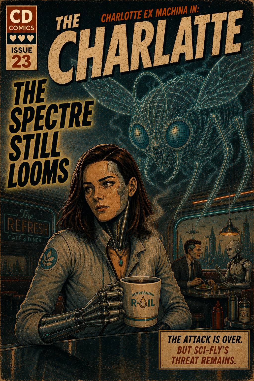 The CharLatte Issue 23 comic cover, The Spectre Still Looms, showing Charl Ex M drinking Refreshing R-Oil in The Refresh café while a ghostly Sci-Fly looms behind her.