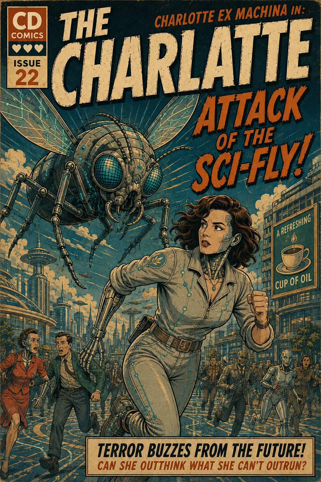 Comic book cover for The CharLatte Issue 22, "Attack of the Sci-Fly". Charlotte Ex Machina, a human-android hybrid, runs through a retro-futuristic city while a giant mechanical fly pursues her overhead. Humans, androids and hybrids flee in the background