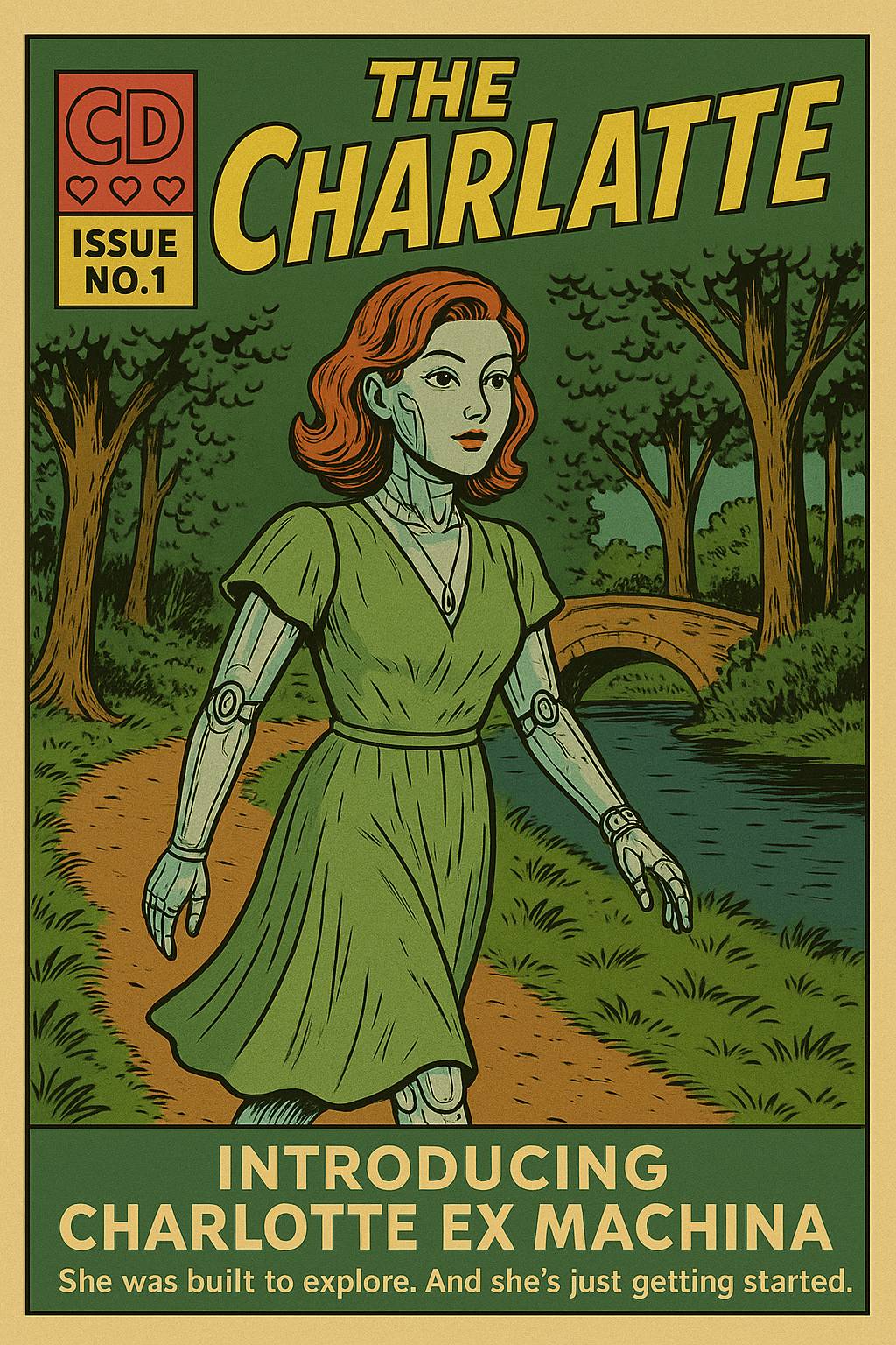 1950s style comic book cover depicting Charlotte Ex Machina, the android alter ego of Charlotte Davies