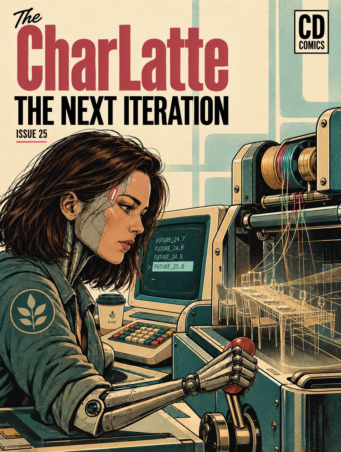 Retro-futuristic comic cover for The CharLatte Issue 25, “The Next Iteration”. Charl Ex M (CXM), a humanoid android with dark hair, facial plating, a mechanical neck and robotic arm, sits at a vintage computer and pulls a lever. Fine metallic threads run 