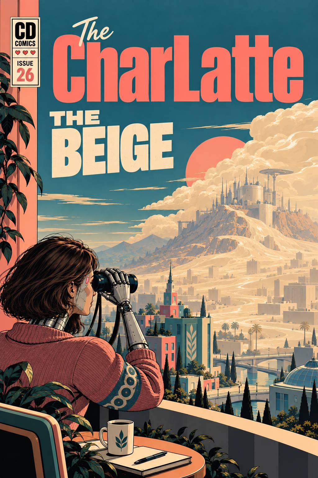 The CharLatte Issue 26 comic cover, titled The Beige. Charl Ex M, a woman with cybernetic features, watches through binoculars from her balcony as glossy beige liquid flows from Server Mountain across a retrofuturistic city beneath a large cloud.