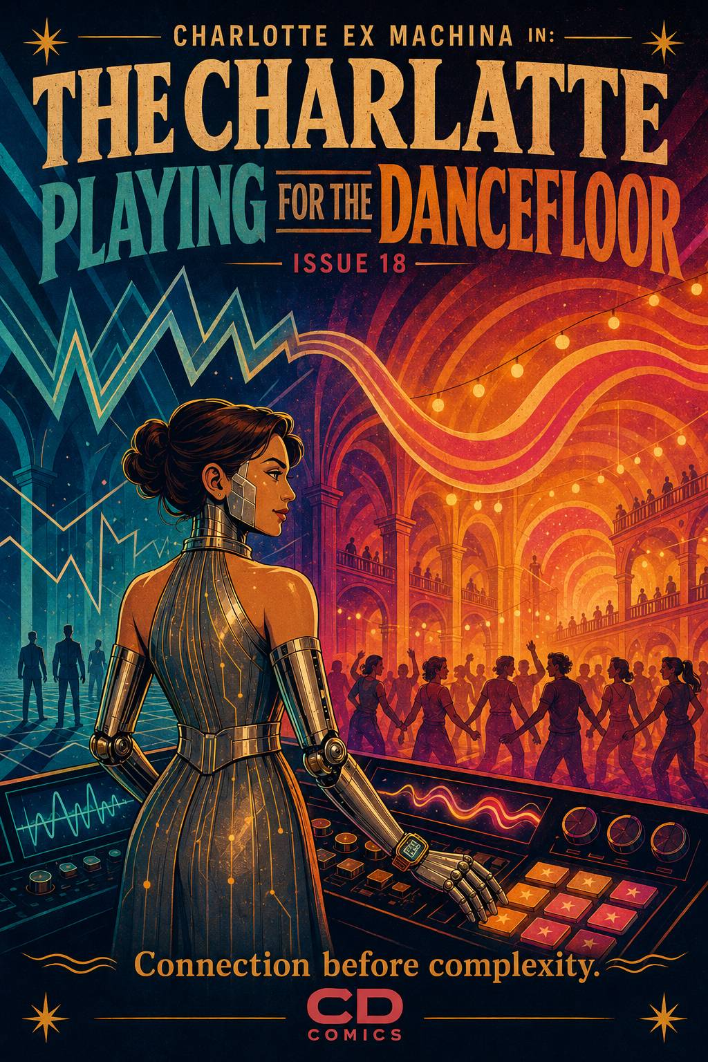Retro-futurist comic cover featuring Charlotte Ex Machina in a metallic halterneck dress at a futuristic DJ console. A soundwave transforms from jagged blue geometric shapes on the left into warm flowing ribbons on the right as people gather on a dance fl