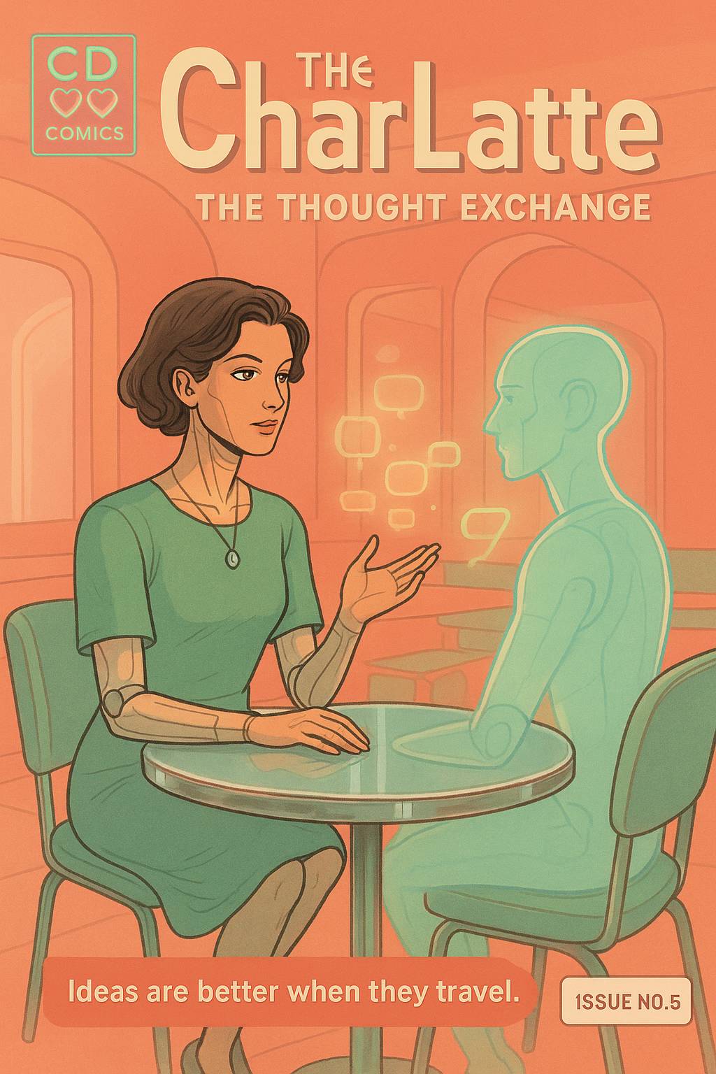 Moebius style Charlotte Ex Machina in conversation with AI holograph figure