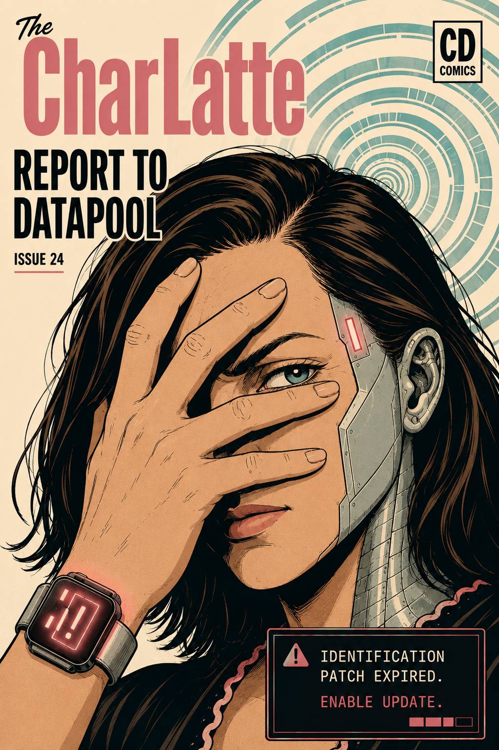 Comic-style CharLatte cover showing android Charl Ex M facepalming after an alert says her identification patch has expired.