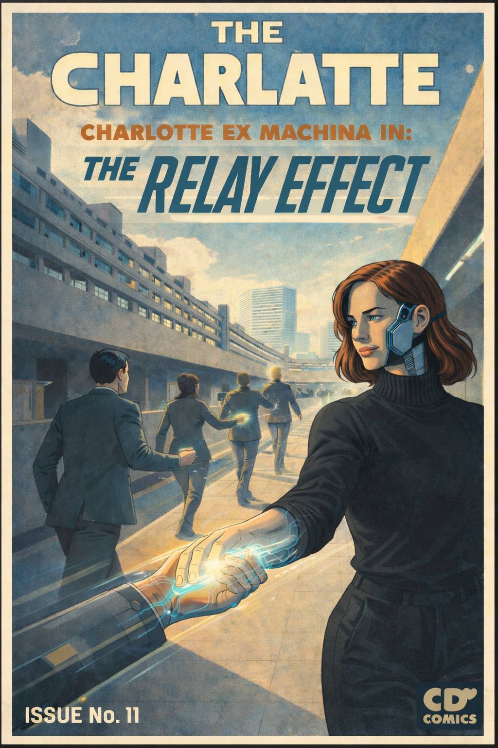 Comic style cover of Charlotte Ex Machina in brutalist inspired setting, passing on a light in a relay effect