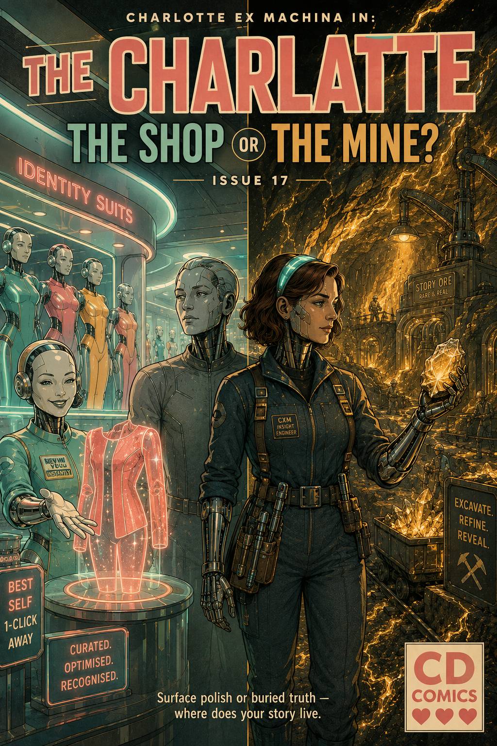 Split-world panorama: on one side, a rare minerals mine with workers excavating precious gems; on the other side, a sleek cyber boutique with a cyborg assistant offering "identity suits" and a sign reading "best self 1 click away"