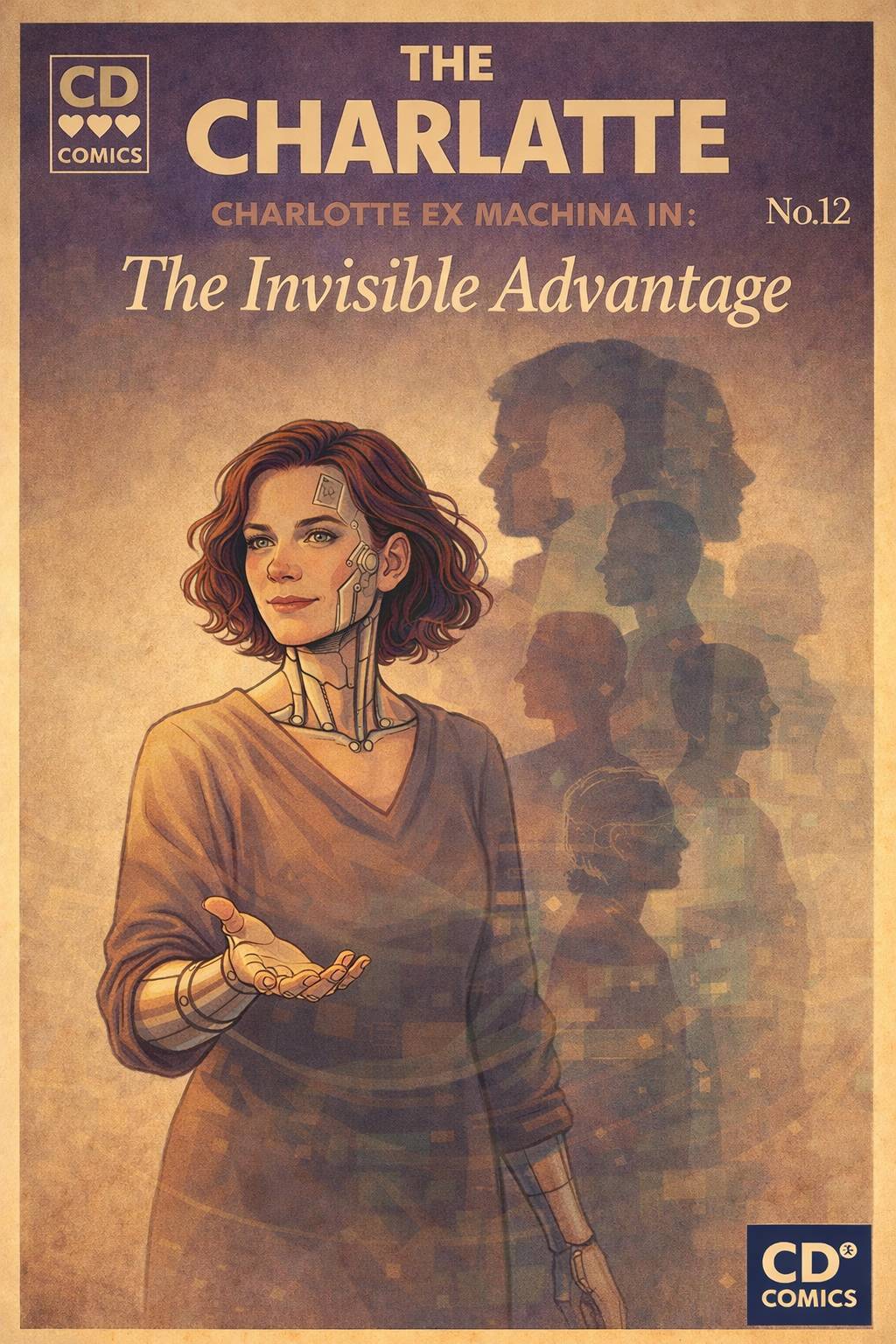 The CharLatte Issue 12 cover — Charlotte Ex Machina stands with her hand outstretched, silhouettes of people visible behind her, representing the human connections that make up The Invisible Advantage.