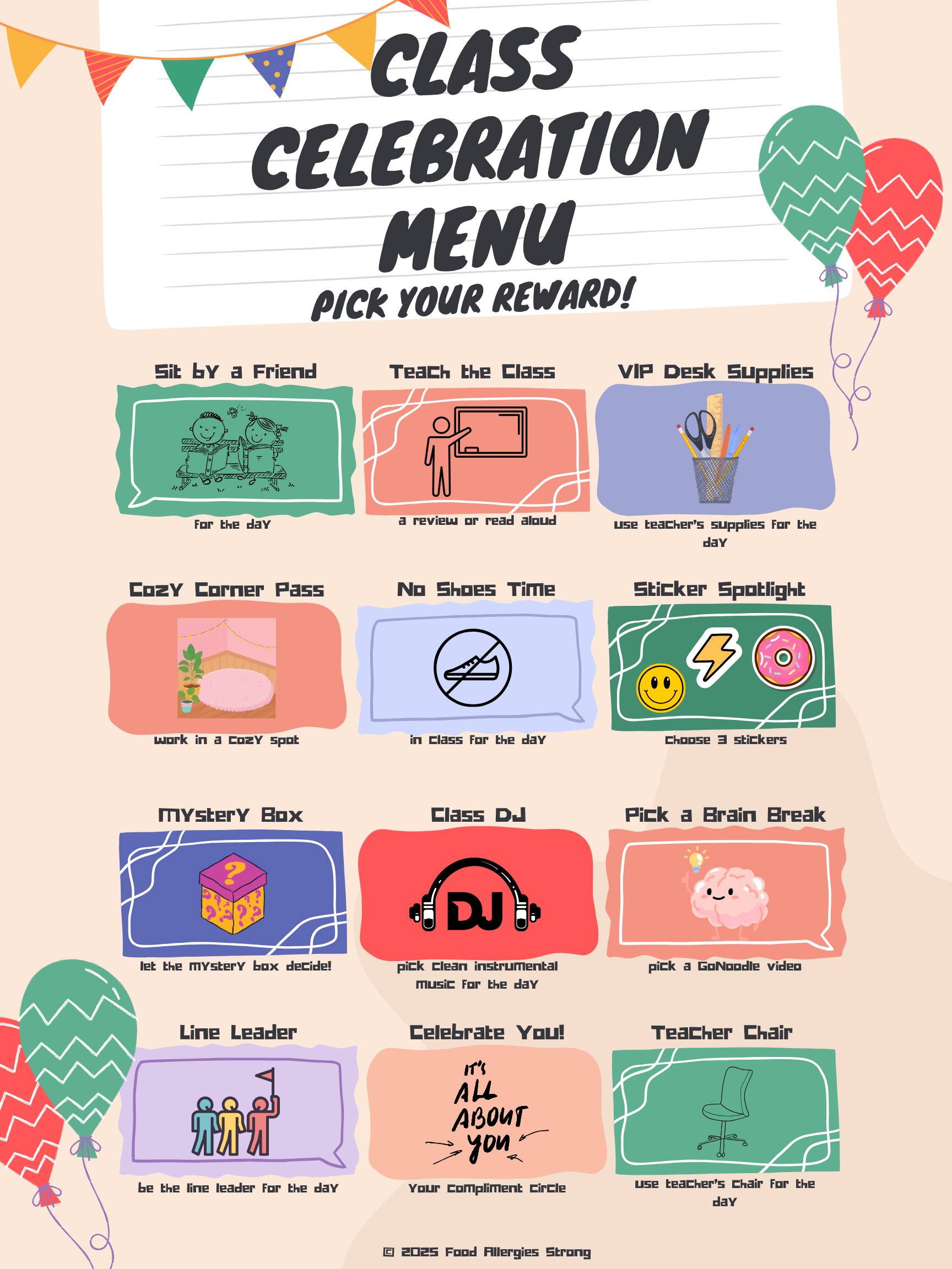 No Food Classroom Celebration Reward Menu