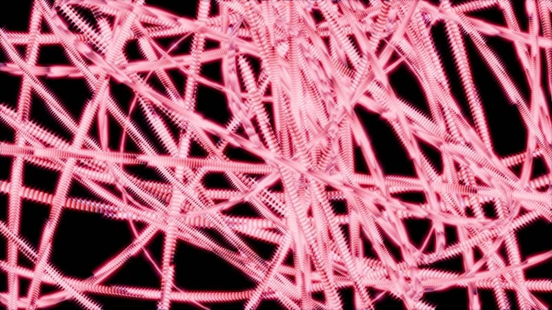 Tangled pink glowing fibers on a black background.