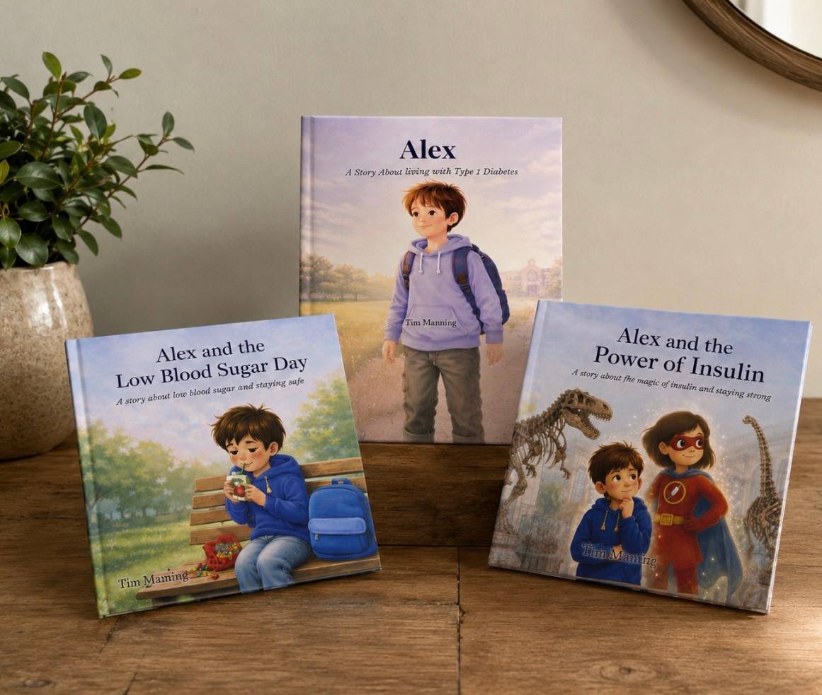Three children's books from the Alex series by Tim Manning, helping children understand and feel confident living with type 1 diabetes.