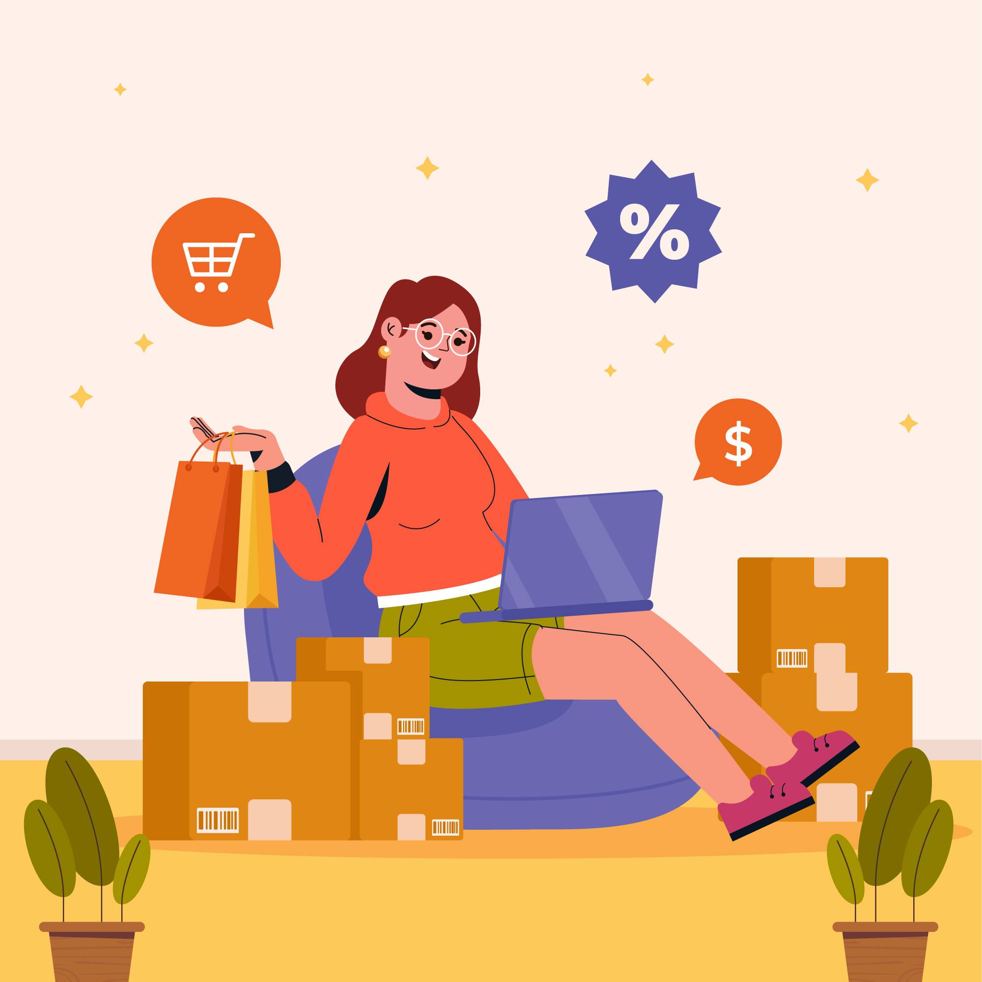 happy women holding bags and search for online discounts and deals 