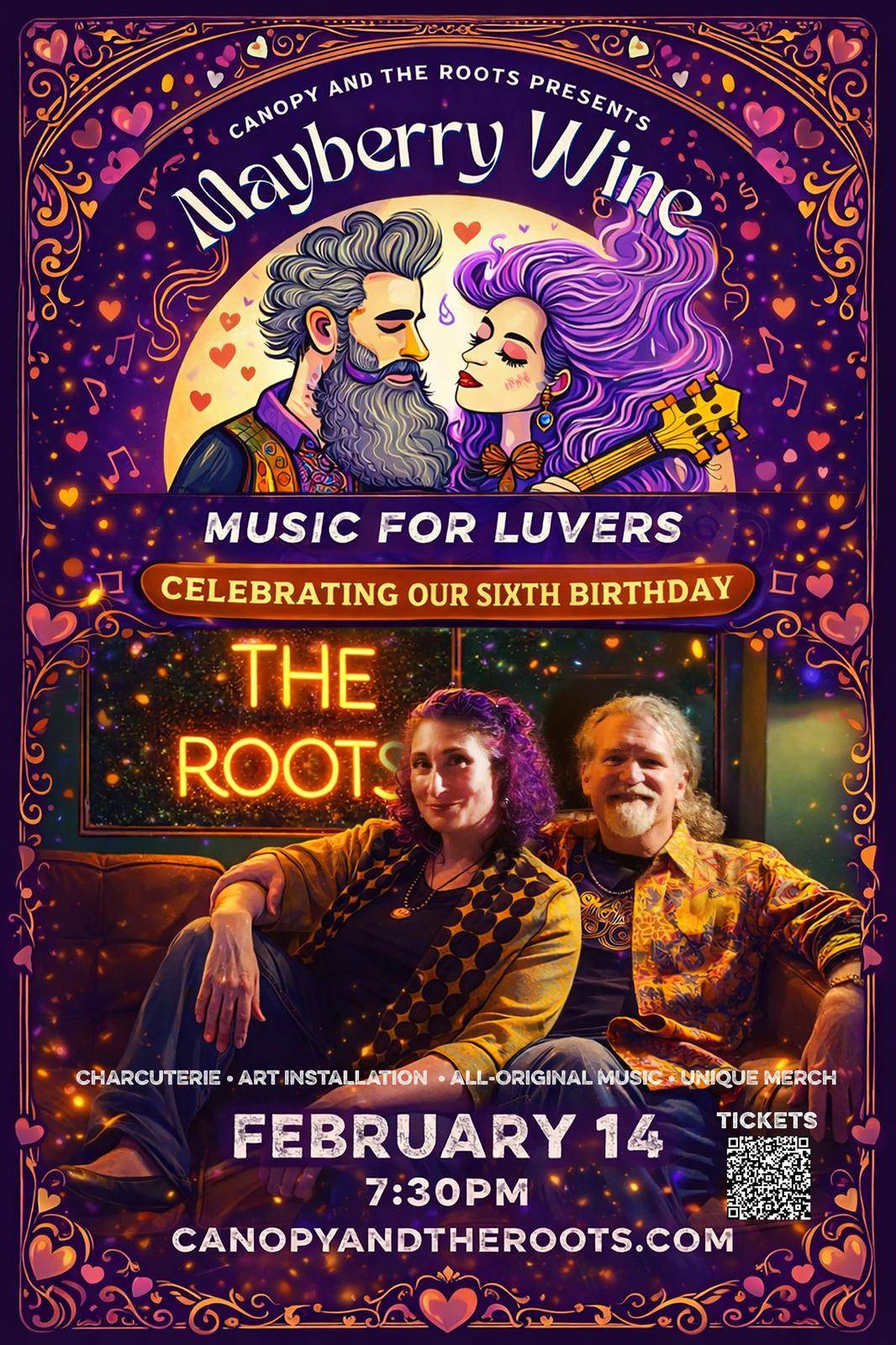 concert poster promoting mayberry wine at canopy and the roots on feb. 14, 2026