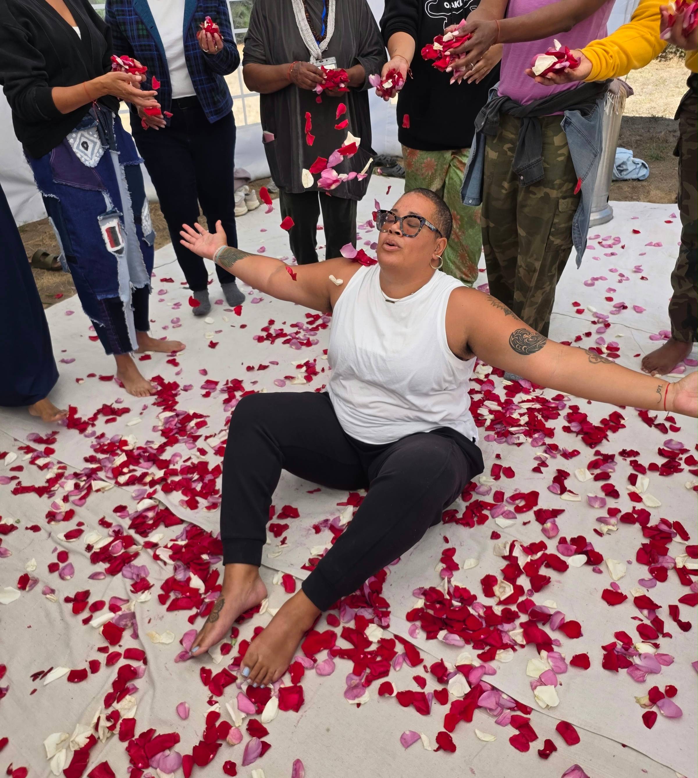 Mama J preparing to receive the rose shower coming here way at the Rest + Reclamation Retreat