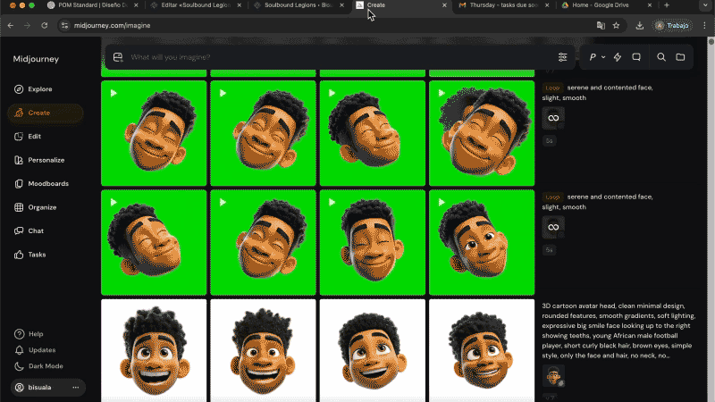 Animated screen capture showing a grid of AI-generated cartoon emoji faces in MidJourney. Each character features a young Black male football player with short curly hair, smiling and looking in different directions, all on a bright green background for e