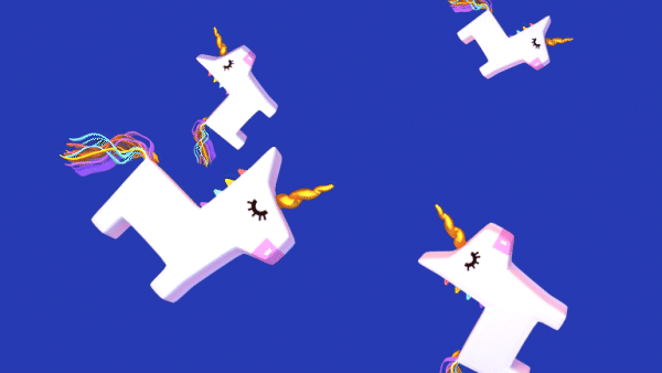 Unicorn pinatas falling from the sky