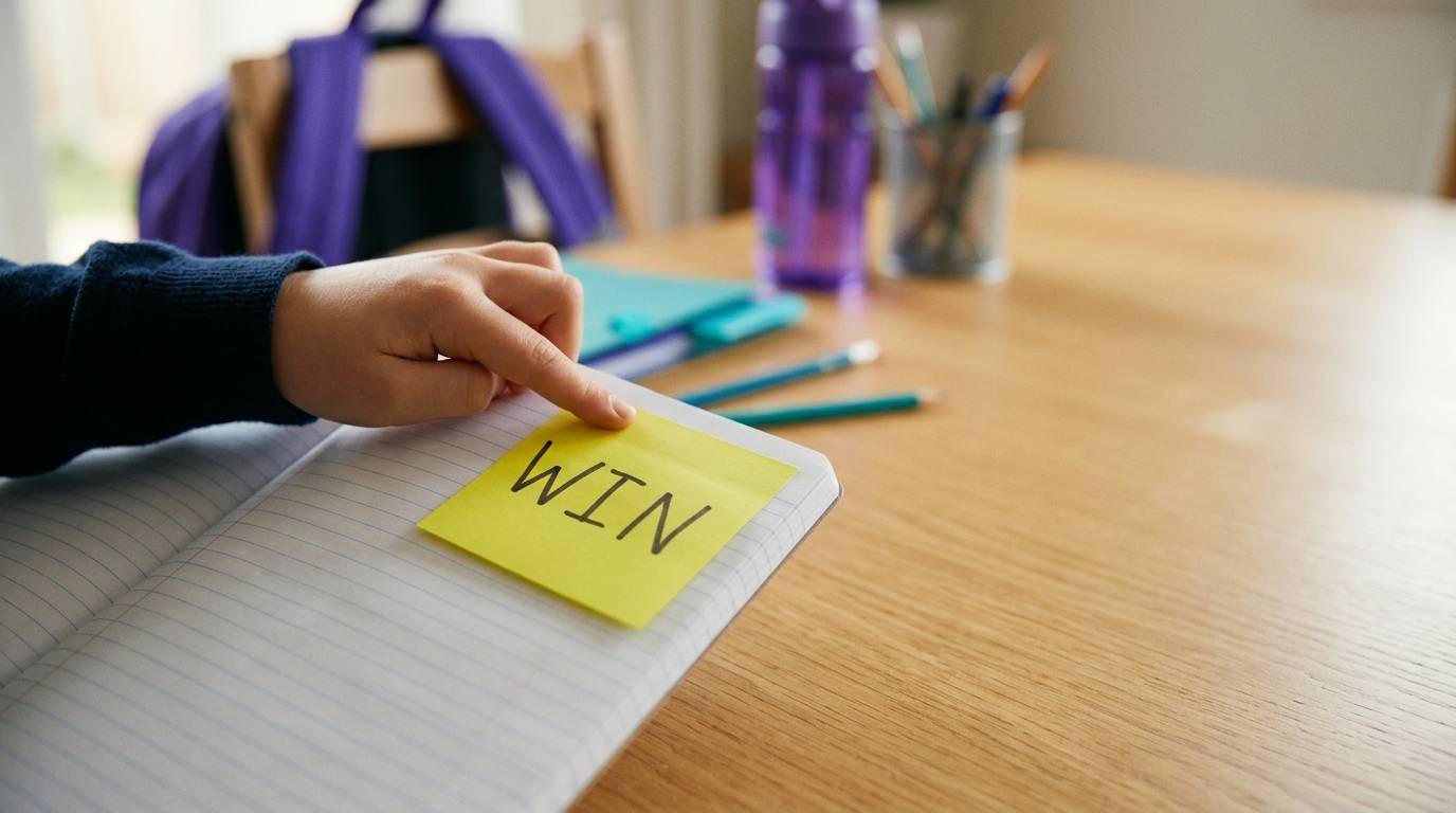 A hand pressing a yellow sticky note with WIN handwritten on it onto an open notebook, on a wooden desk with cups of markers and pencils in the background.