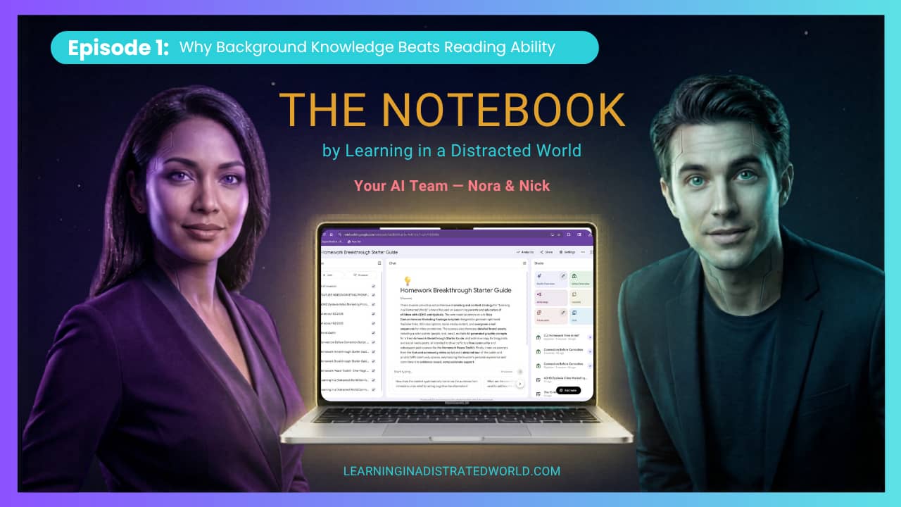 Episode 1 Graphic for The Notebook Podcast by Nick and Nora the AI Team in the Learning in a Distracted World Community. The graphic features and image of Nick and Nora and a laptop in the middle that features and image of NotebookLM the resource that cre