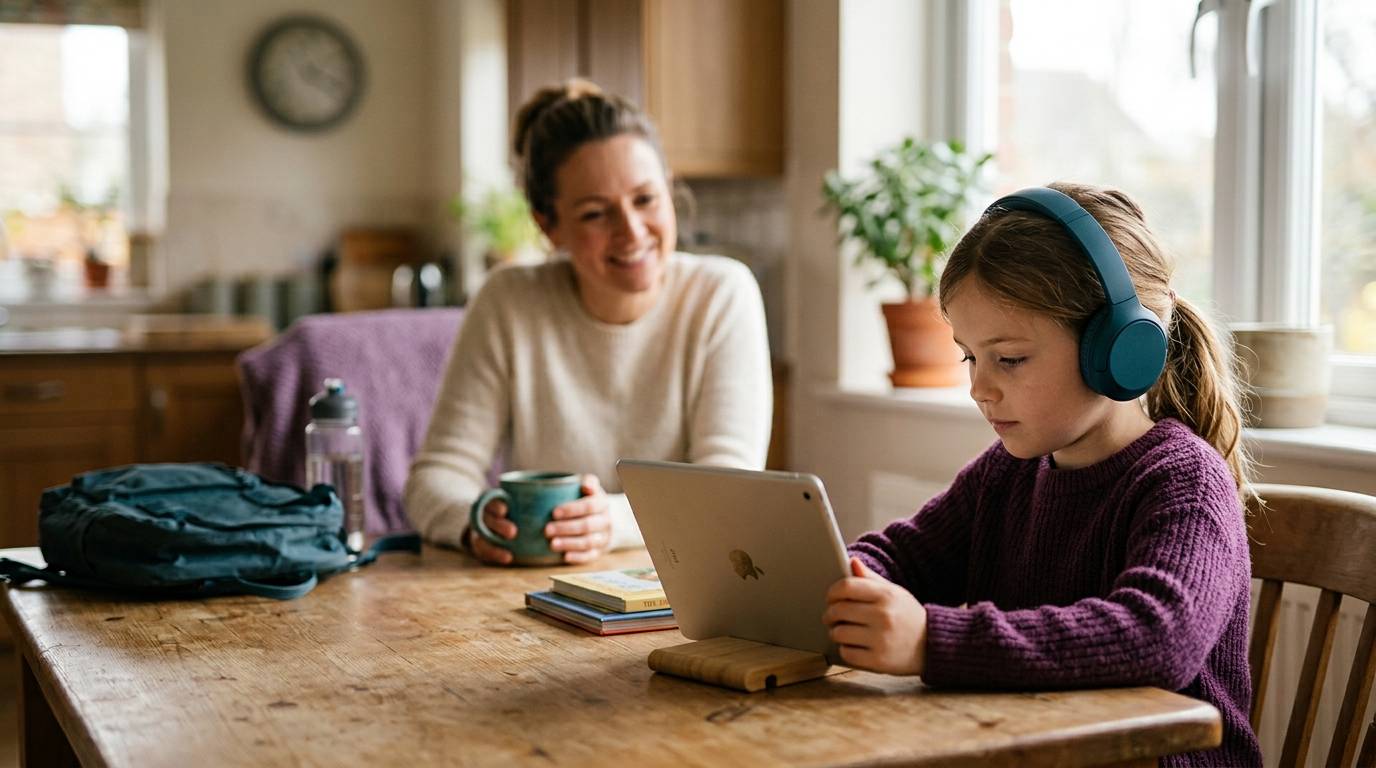 A mother and her daughter sit at a kitchen table. The daughter wears headphones and looks at a tablet.