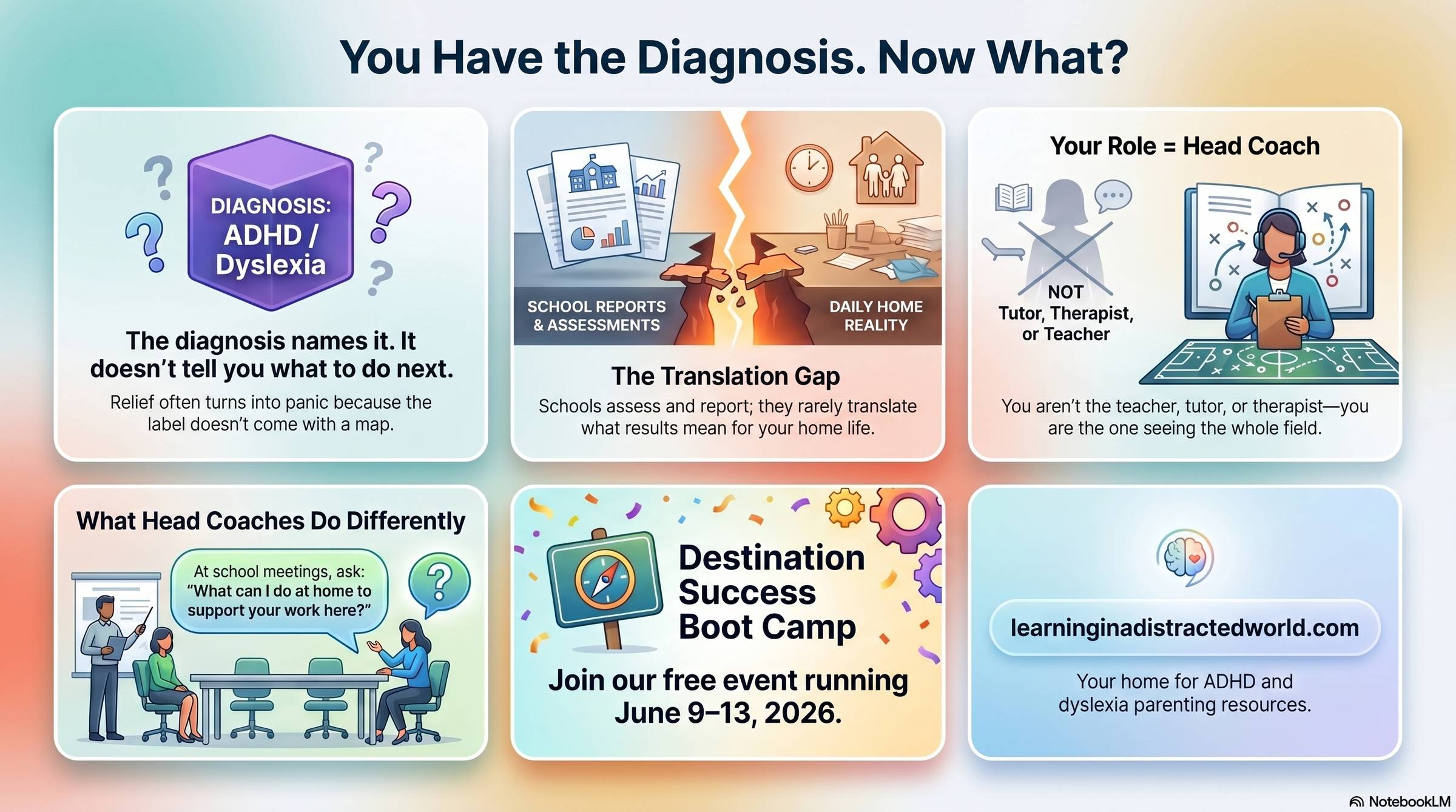 Infographic titled "You Have the Diagnosis. Now What?" with six sections: The diagnosis names it but doesn't tell you what to do next. The Translation Gap — schools assess and report but rarely translate results for home. Your Role equals Head Coach — not