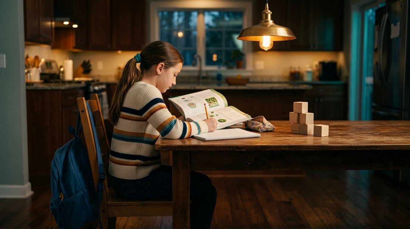 A young girl in a striped sweater reads a large open book at a wooden kitchen table, lit by a warm hanging lamp in the evening.