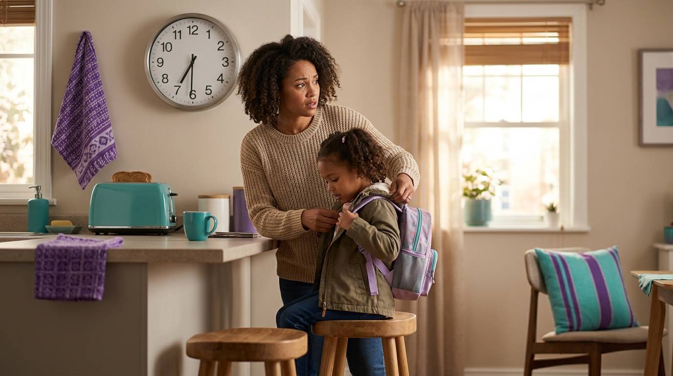 Mother anxiously checking the clock while helping her daughter into a backpack during a chaotic ADHD morning routine