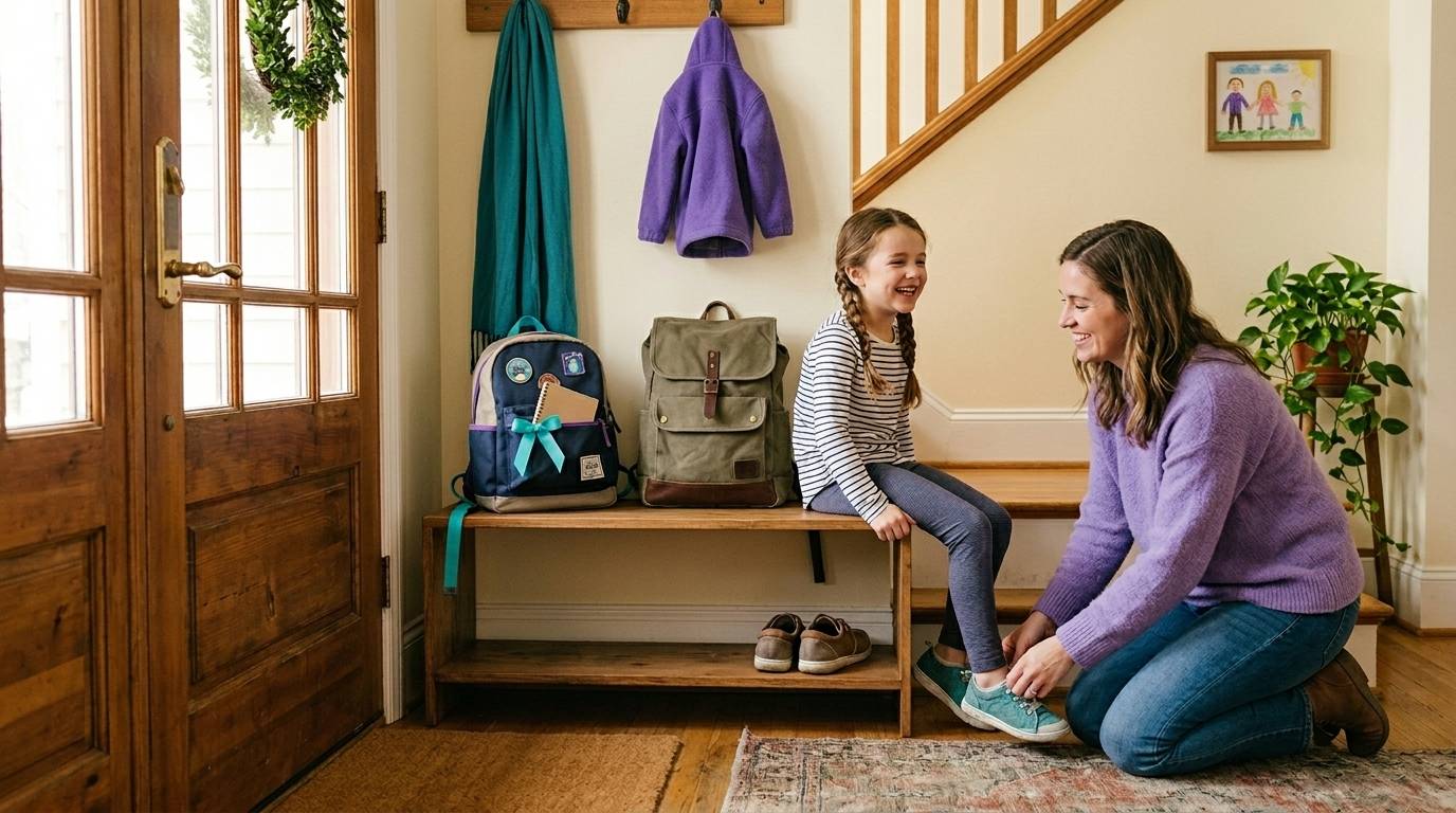 Mother and daughter sitting by the front door with backpacks and shoes staged and ready to grab