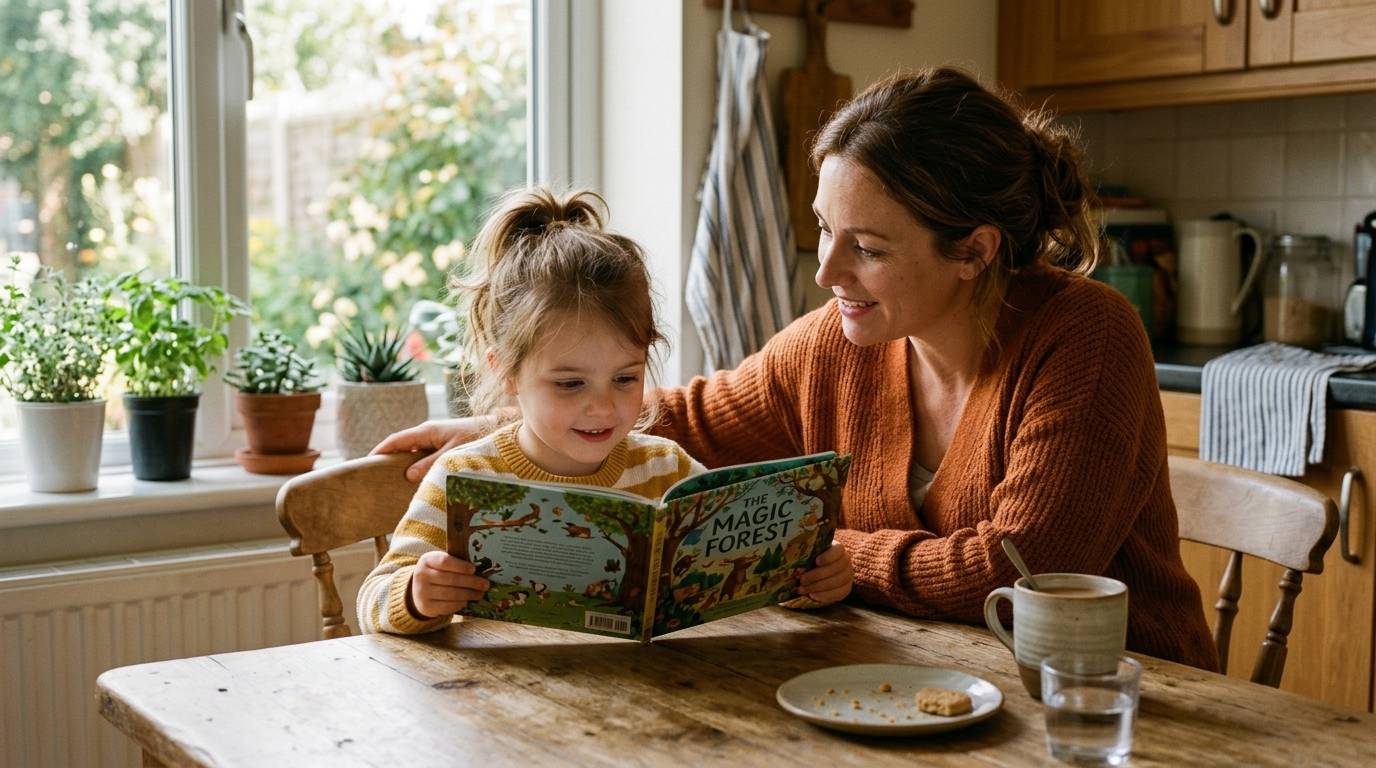 A mother in a rust-colored sweater reads a picture book with her young daughter at a wooden table, with windows and green plants behind them.