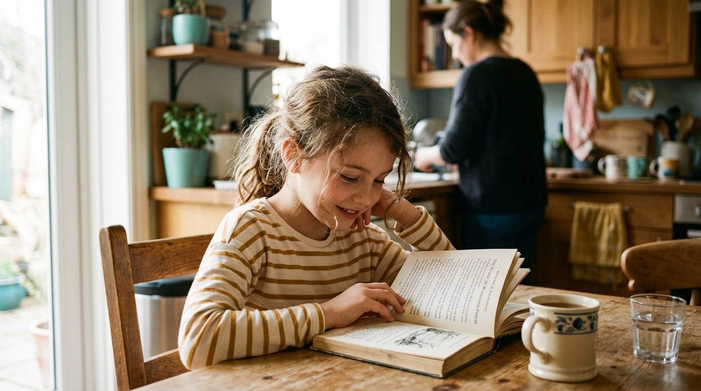 Child with ADHD deeply focused on a book that interests them at a kitchen table, illustrating that ADHD attention responds to interest rather than being simply deficient