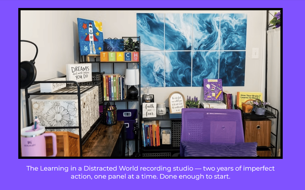 Kelly Sutherland's home studio with purple accent chair and framed motivational sign reading 'Dreams Don't Work Unless You Do'