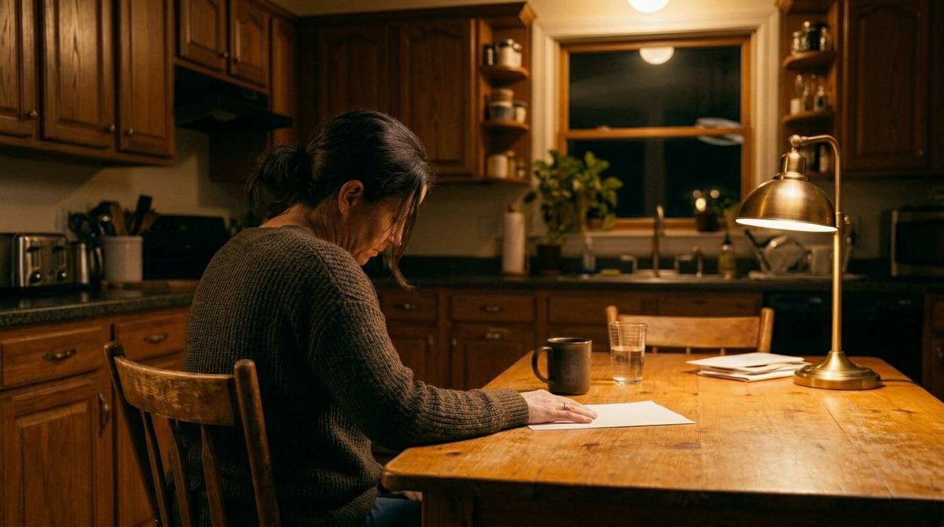 Parent sitting alone at a kitchen table at night with a report card under lamplight