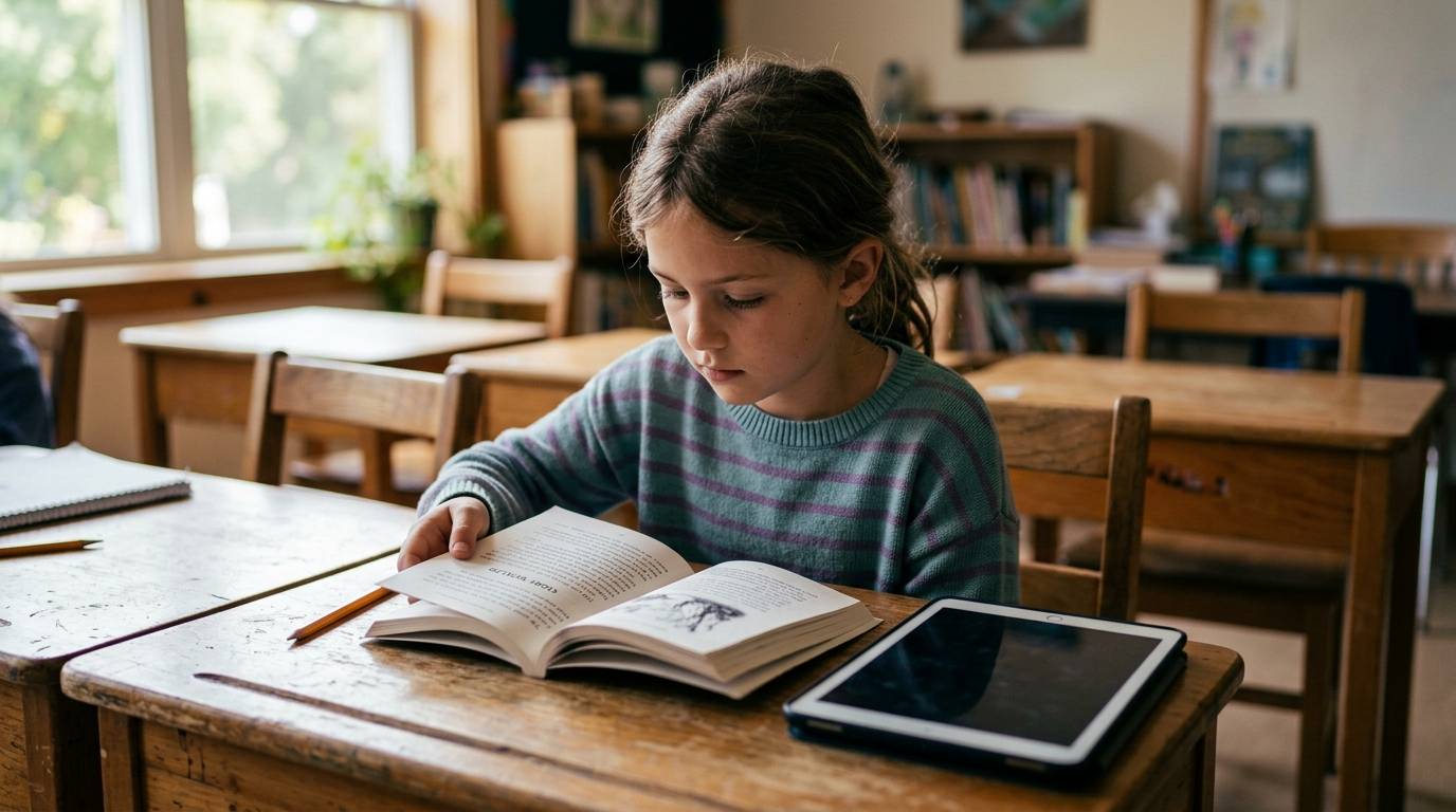 A young girl reading a book at a wooden table with a tablet beside her.