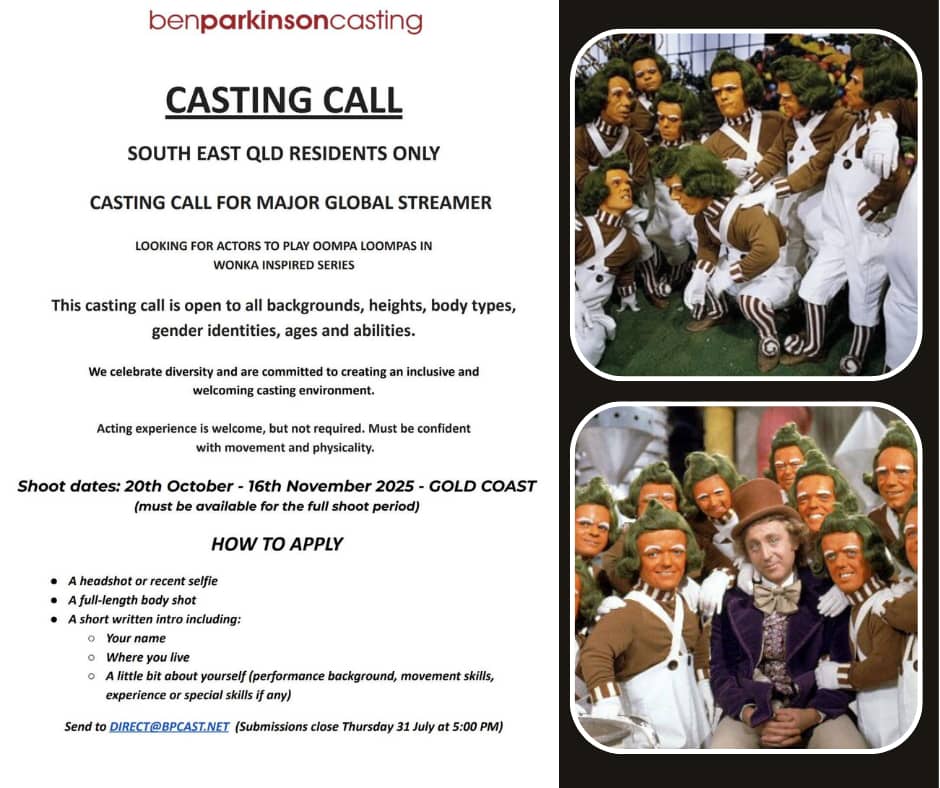 A casting call flyer from benparkisoncasting is shown, inviting South East Queensland residents to audition for roles as Oompa Loompas in a Wonka-inspired series for a major global streaming service.