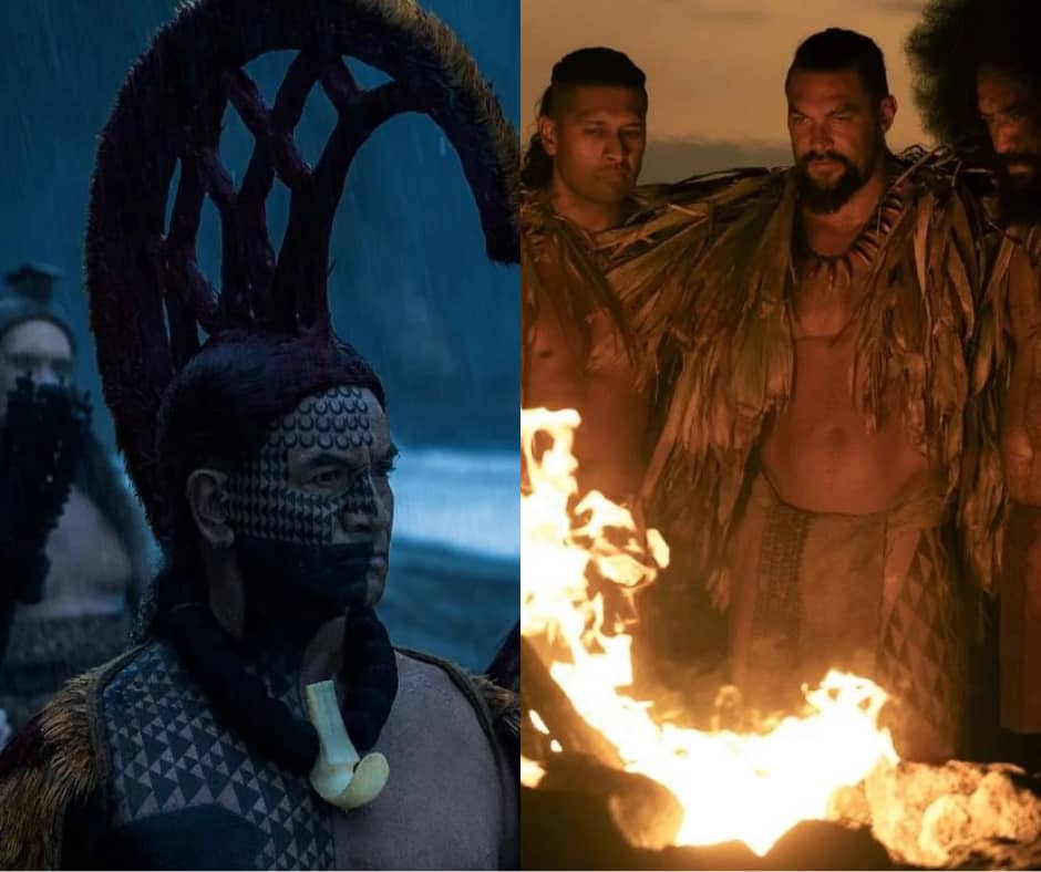 Side-by-side images from a film or TV series featuring Polynesian or Māori-inspired characters. On the left, a man stands in the rain wearing a tall, intricate headpiece, traditional face tattoos, and a cloak with geometric patterns. On the right, three men wearing feathered cloaks and traditional attire stand around a ceremonial fire at dusk, with intense expressions and dim lighting.