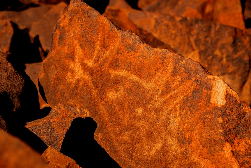Close-up photograph of reddish-orange weathered rock formations with rough, textured surfaces. The rocks appear to be sandstone or similar sedimentary rock, illuminated by warm lighting that emphasizes their rusty orange coloration. Deep shadows create co