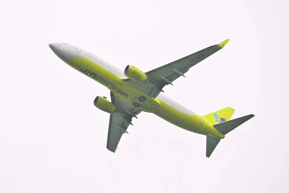 A Jin Air Boeing 737 aircraft, painted in distinctive yellow and white livery, is captured from below, flying against a bright, overcast sky. The underside of the fuselage is primarily white with JINAIR.com prominently displayed in green text. The engines and the lower portion of the wings are a vibrant yellow, contrasting with the white upper surfaces of the wings and the tail fin. The aircraft registration HL 8313 is visible on the tail section. The landing gear is retracted, indicating the plane is in flight.