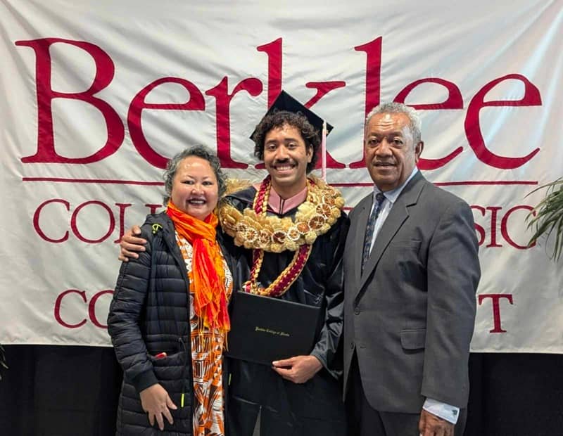 Zen Waqavonovono, the first Fijian to graduate with a Bachelor of Music in Music Therapy from Berklee College of Music, is paving the way for music therapy in Fiji. Pictured here with his proud parents, Sharyne Fong and Mosese Waqavonovono.