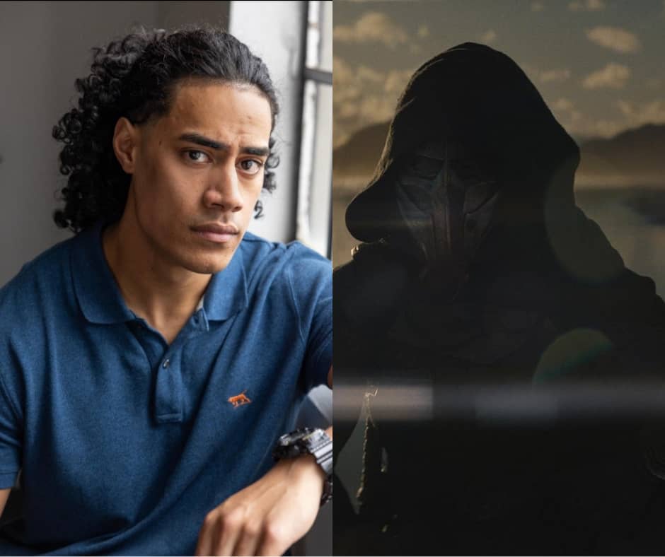 A split image with two distinct sides: the left side shows a person with long, curly hair wearing a blue polo shirt, seated near a window with an arm resting on the table; the right side depicts a mysterious figure dressed in a hooded dark cloak and a metallic mask, standing against a moody, outdoor background with soft, distant lighting.
