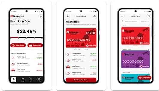 Screenshots showing the interface of Fiji’s new eTransport mobile app. The app includes options for card top-ups, balance checks, and transaction history, but is only supported on certain Android devices and not available for iPhone users.