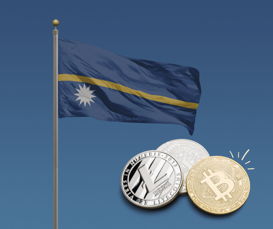 A flag of Nauru waves on a flagpole against a clear blue sky. In the foreground, there are three physical representations of cryptocurrencies: a silver Litecoin, a silver coin resembling an Ethereum token, and a gold Bitcoin, with lines drawn around the Bitcoin to highlight it.