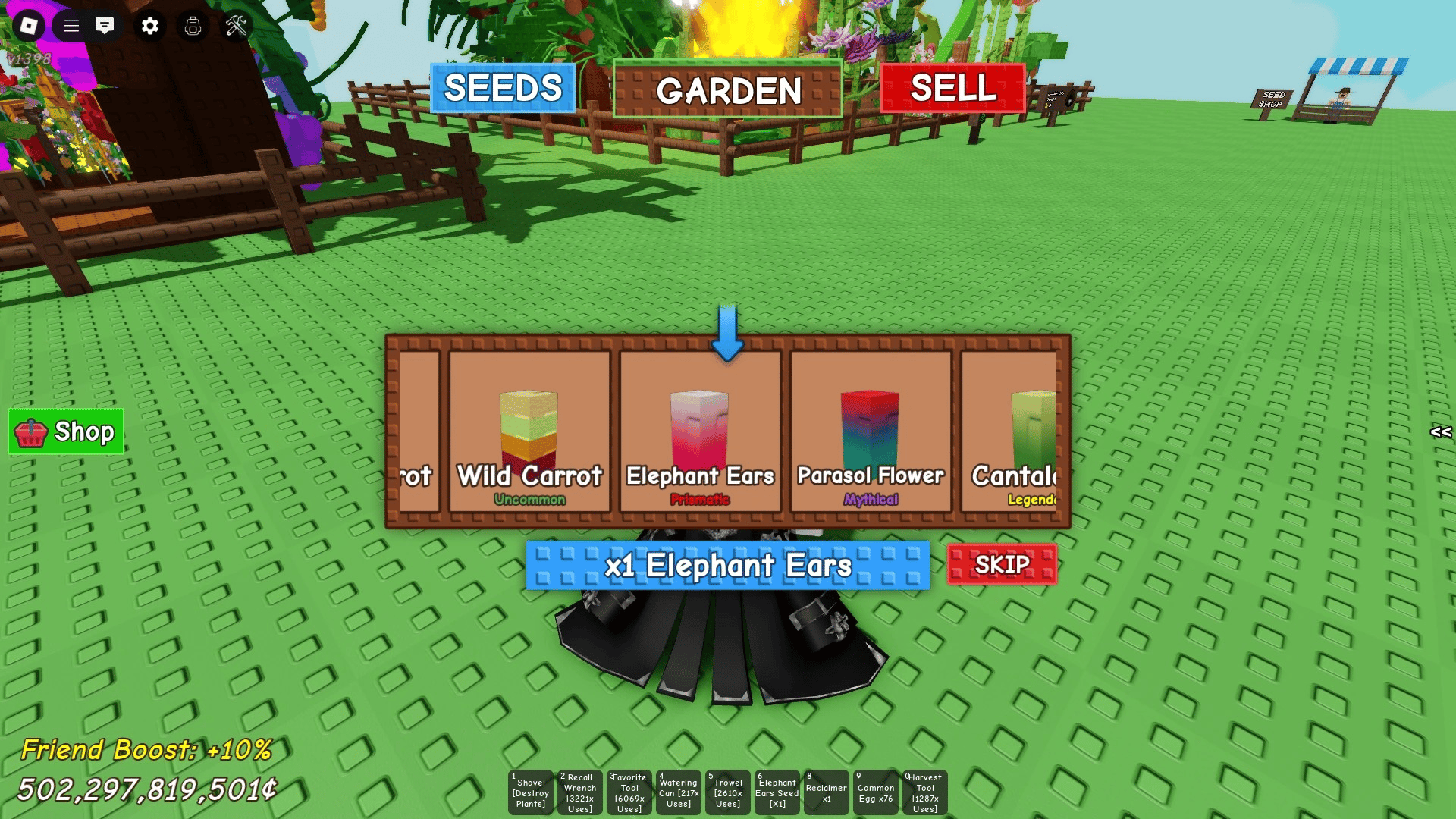 Screenshot of Grow a Garden gameplay showing virtual garden plots with planted crops and colorful interface elements from the record-breaking Roblox farming simulation game developed in New Zealand.