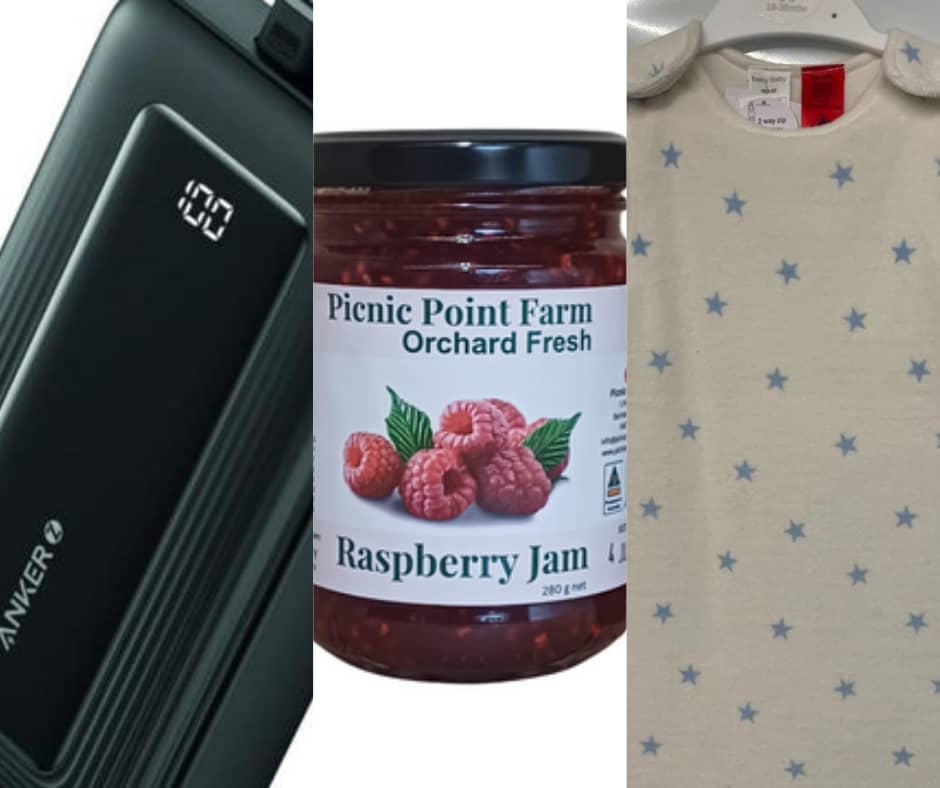 A composite image showing three recalled products: an Anker black power bank with a digital display, a jar of Picnic Point Farm Orchard Fresh Raspberry Jam, and a cream-colored baby sleepsuit with light blue stars on a hanger.