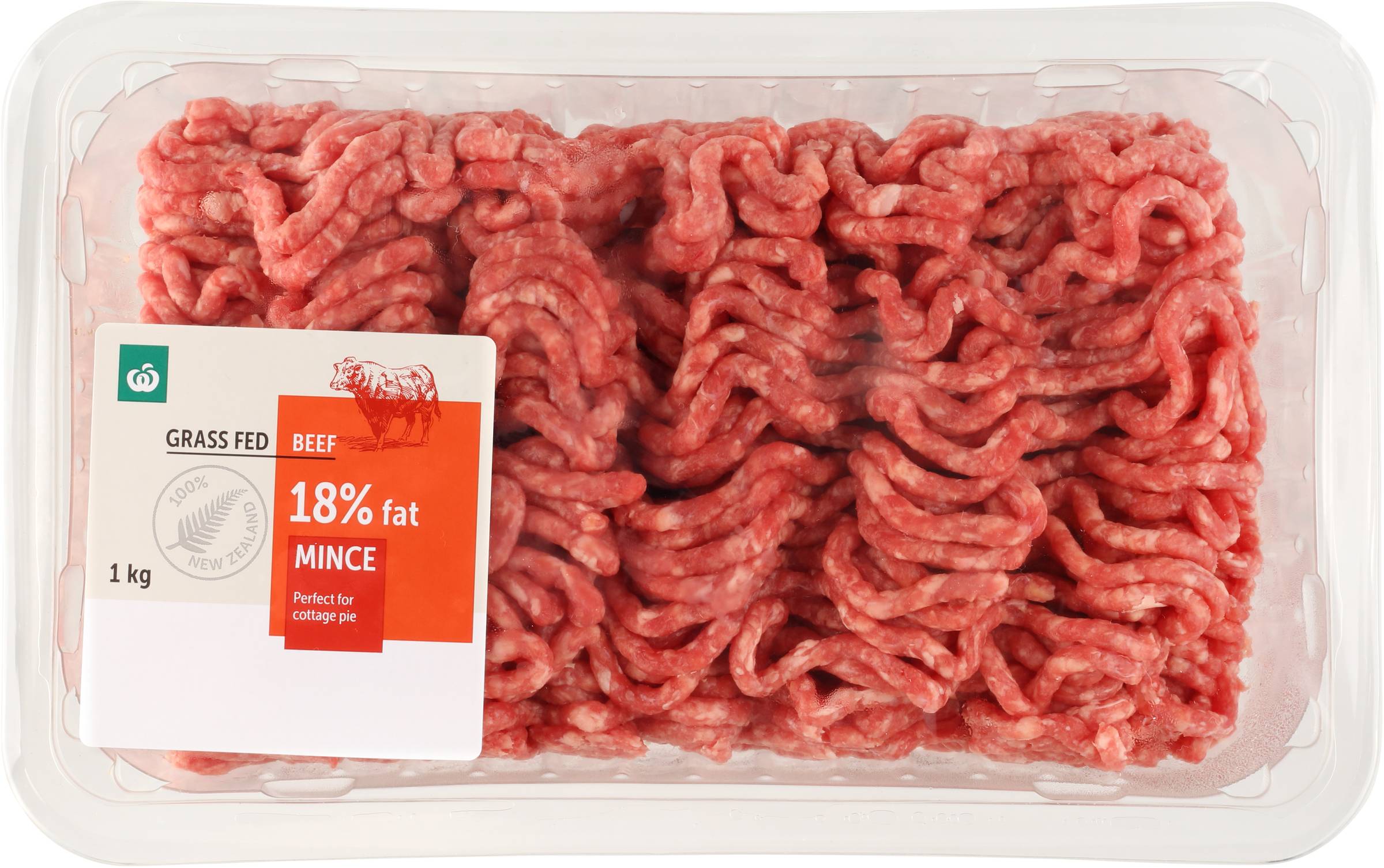  A package of Woolworths branded beef mince showing tightly packed raw ground beef. The label indicates it is 100% Australian, contains 18% fat, is high in protein, and weighs 1 kilogram.