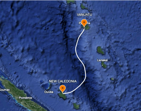 A map showing the planned route of the SMART submarine cable connecting Vanuatu and New Caledonia across the Pacific Ocean. The map displays deep blue ocean waters. The map shows the complex underwater topography of the region, including what appears to be the New Hebrides Trench.