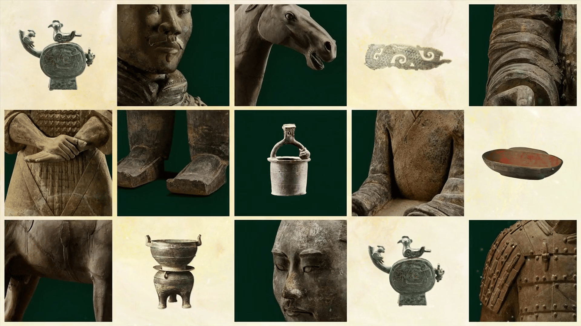 A collage of ancient Chinese artifacts and terracotta warrior sculptures. The grid features detailed close-ups of terracotta soldier faces, hands, torsos, feet, and armor, along with horse sculptures. Interspersed among them are bronze vessels, a bucket w