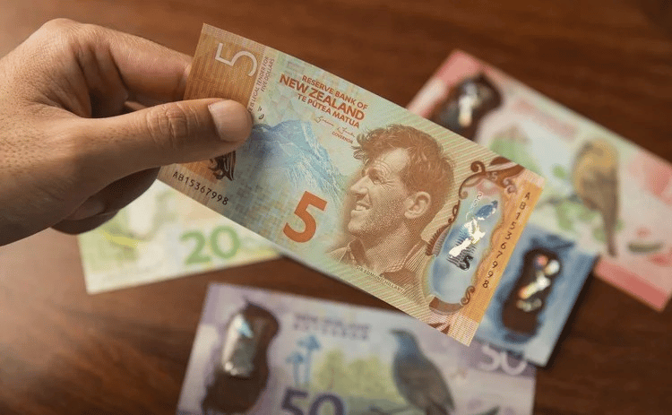 A hand holding a New Zealand five-dollar banknote above a table scattered with other colorful New Zealand banknotes, including denominations of 10, 20, 50, and 100 dollars.