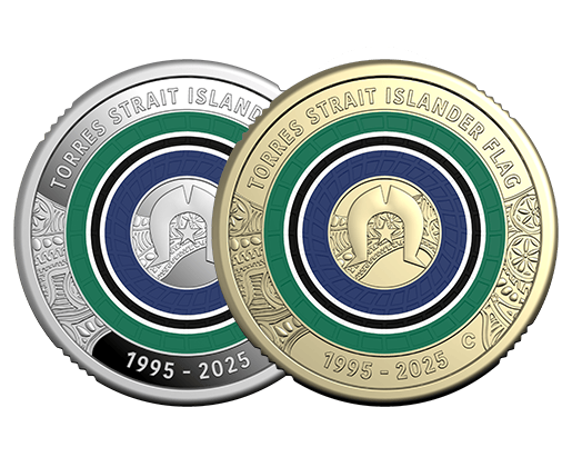 Side-by-side comparison of silver and gold commemorative $2 coins celebrating 30 years of the Torres Strait Islander Flag as an official Australian flag, featuring the flag's traditional colors in concentric circles with a central dhari (headdress) design