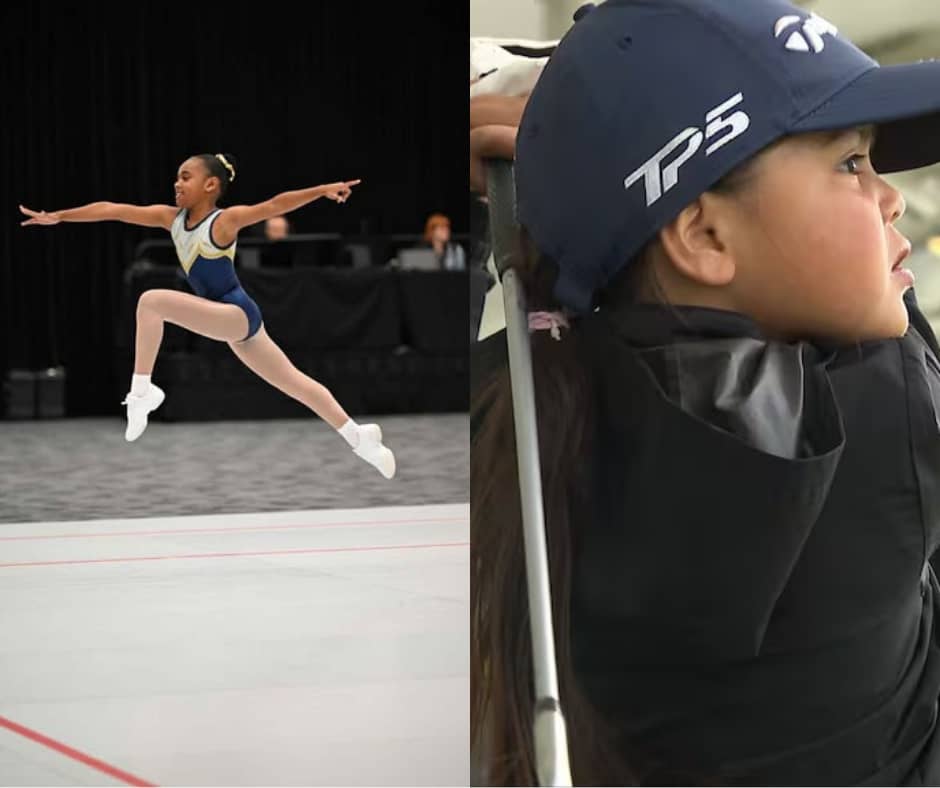 Split image of two young girls participating in sports. On the left, a gymnast mid-air during a floor routine, arms extended and legs in a leap, wearing a navy and white leotard. On the right, a young girl in a navy TP5 cap looks focused while holding a g